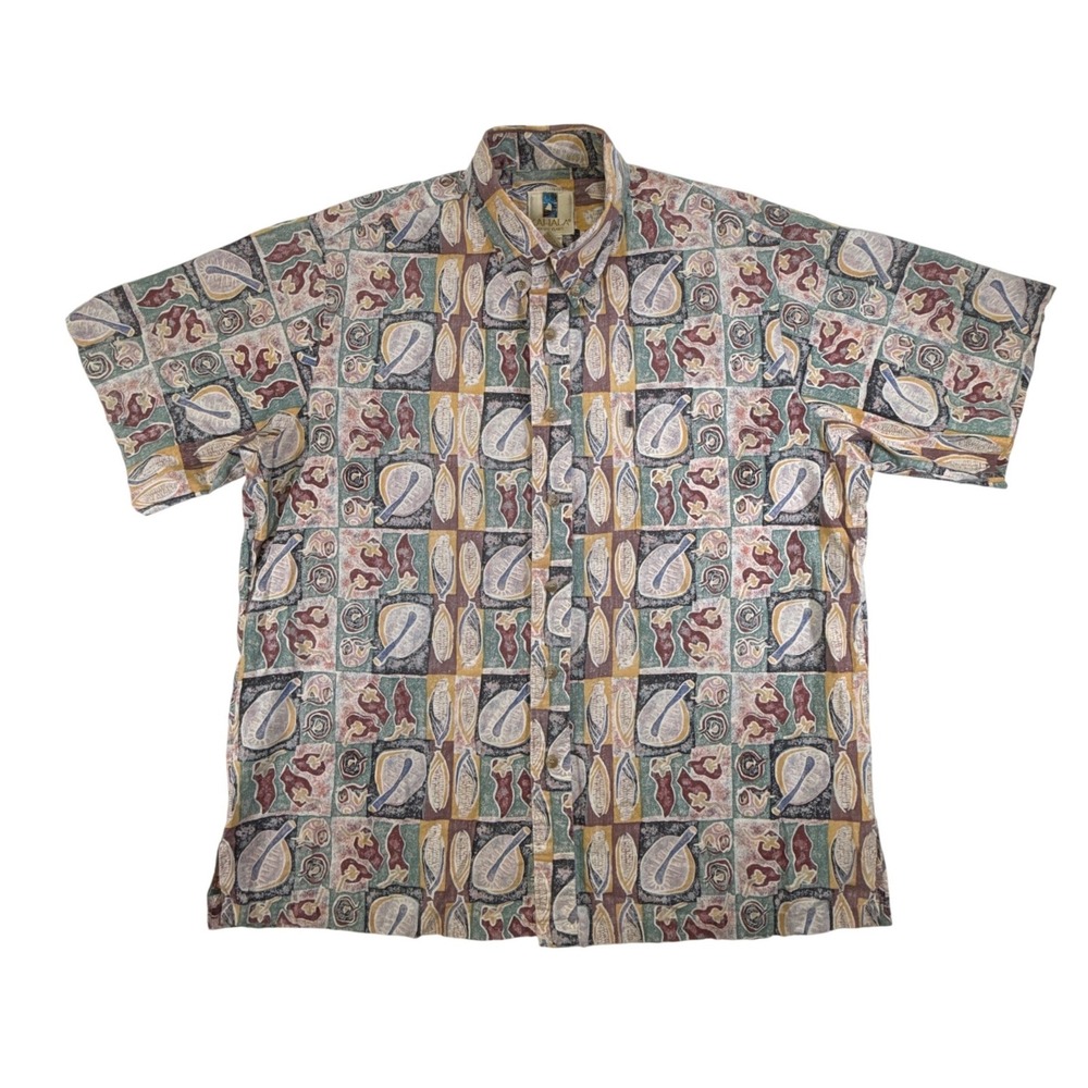 Kahala Hawaiian Islands Mens XL Cotton Abstract Geometric Aloha Shirt Multi